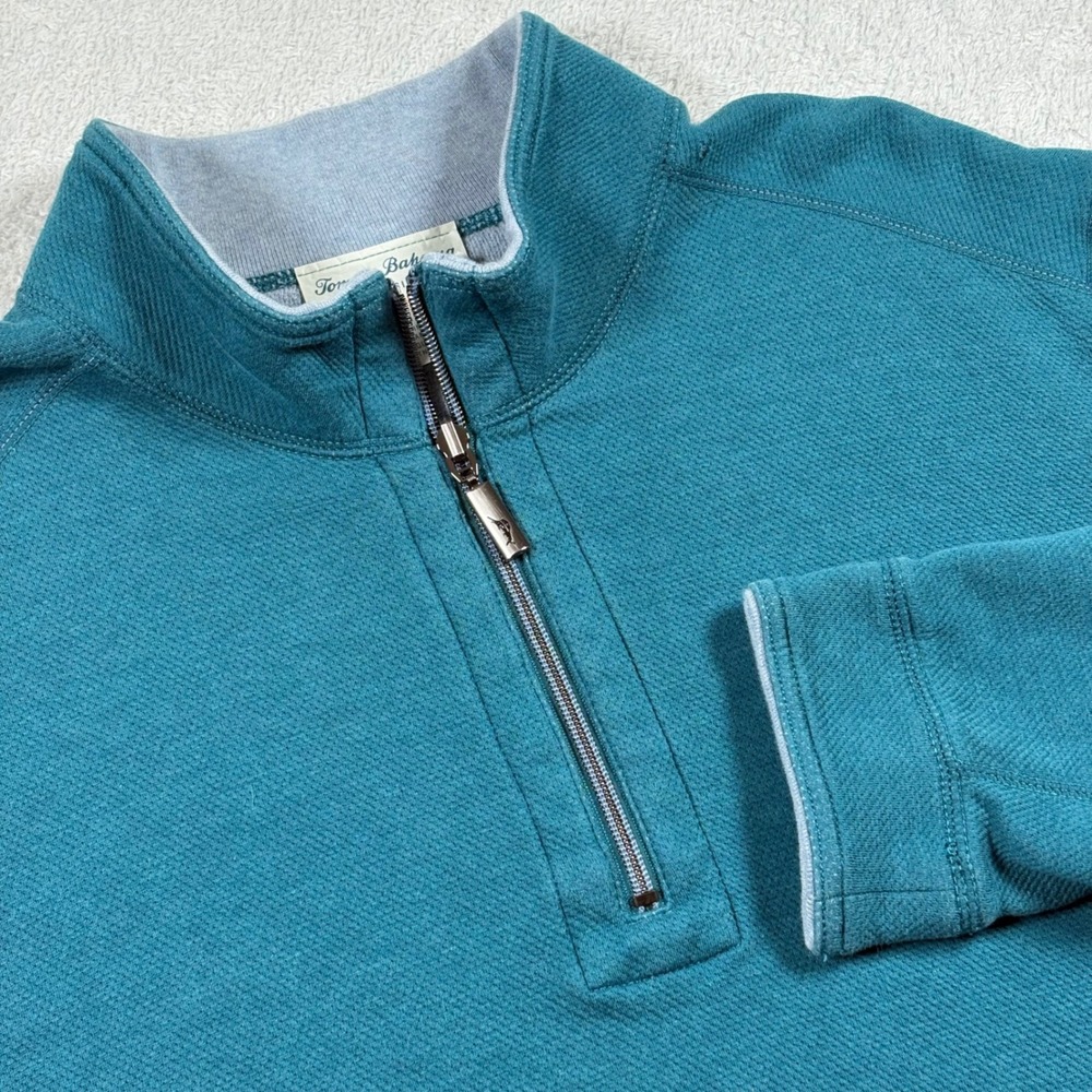 Tommy Bahama Mens Reversible Quarter Zip Pullover Teal Textured Knit Large